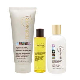 Terramar Kit Reparación Capilar con Aceite de Argán, Macadamia y Monoi de Tahití | Shampoo 250 ml + Aceite Capilar 120 ml + Mascarilla Intensiva 200 g | Hidratación y Brillo para Cabello Seco o Dañado