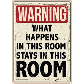 What Happens In This Room Metal Sign - Easy-to-Hang Wall Decor - Fun Tin Signs for Man Cave - Metal Dorm Room Decorations, Garage Signs, and Man Cave Signs