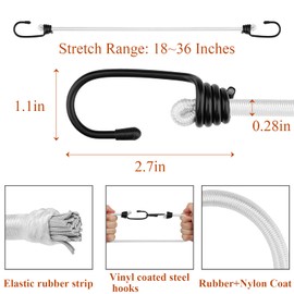 ZHOUBIN 18 inch Bungee Cords with Hooks - White Bungee Cords 6 Pcs