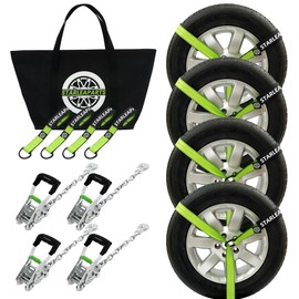 Premium Wheel Straps (4PK) - 10,000lb Guaranteed Max Break Strength - 2" Ratchet with G70 Chain Anchor Hook and 2" X8ft Lasso Strap, Perfect Car Tie Down Straps for Truck, Cars, UTV(Green)