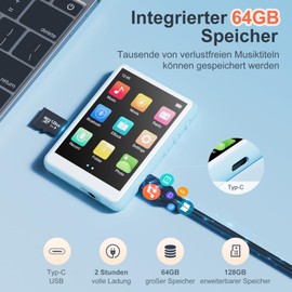 MECHEN 64GB MP3 Player Bluetooth 5.3 | 2.4 Inch Touchscreen Portable MP3 Player for Running with Line-In Recording, FM Radio, Speaker, Supports up to 128GB (Light Blue, 64GB)