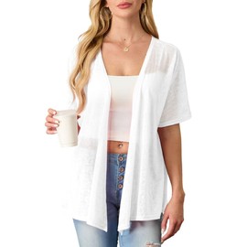 PrinStory Women's Short Sleeve/Long Sleeve Lightweight Cardigan Summer Cardigan Sun Protection Top with High Low Hem, White short-sleeved, XL