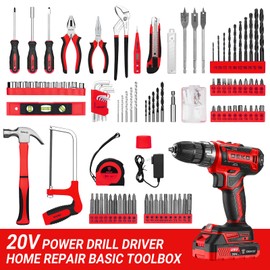 Red Drill Tool Kit Set: 20V Cordless Power Drill Tool Box with Battery Electric Drill Driver for Men Home Hand Repair Basic Toolbox Tools Sets Drills Case