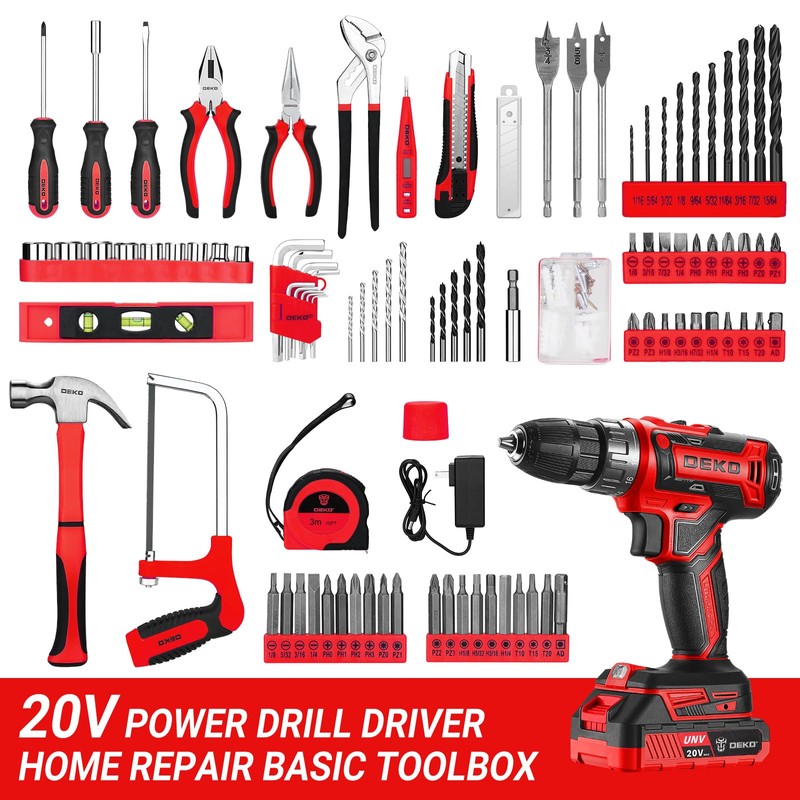Red Drill Tool Kit Set: 20V Cordless Power Drill Tool