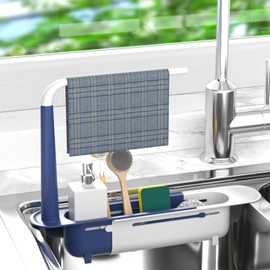 Telescopic Sink Storage Rack Adjustable - Sink Caddy Sponge Holder for kitchen sink with 2 Sponge (Blue)