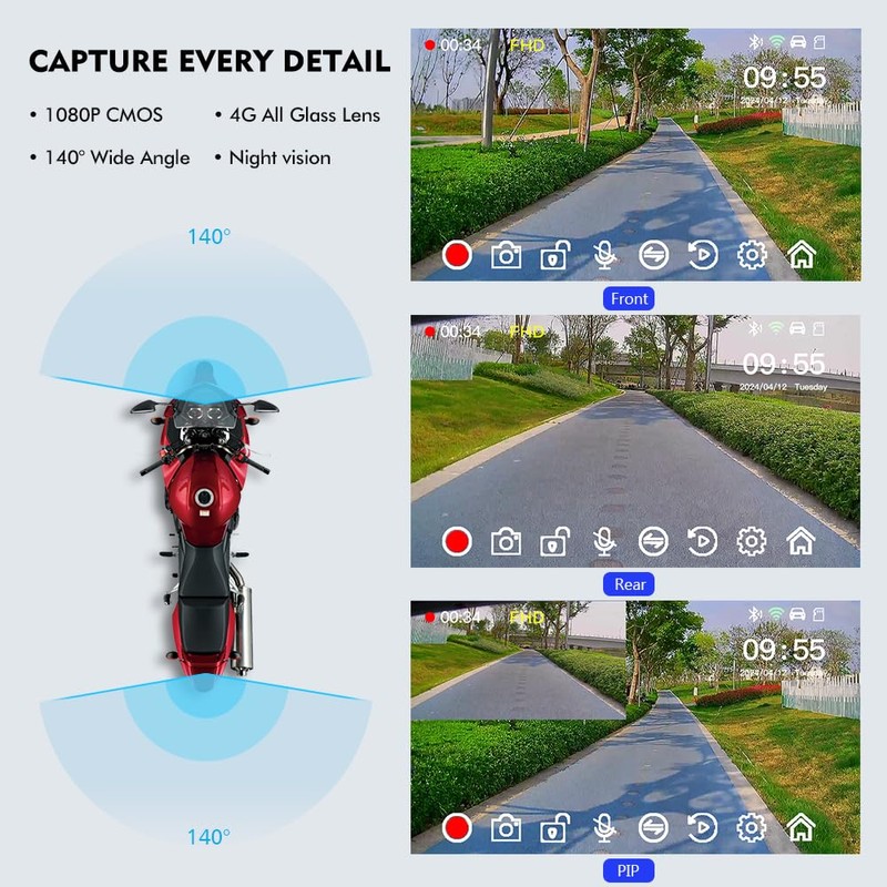 VSYSTO Motorcycle Dash Cam Front & Rear 1080P Cameras with
