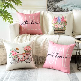 JOTOM Set of 4 Throw Pillow Cover 45x45 cm Spring Summer Pink Flower Decorative Square Cushion Covers Sofa Car Home Sweet Home Pillowcases for Outdoor Home Bed Couch Living Room Decor (HOME Pink)