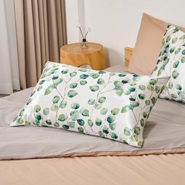 EXQ Home Satin Pillowcase for Hair and Skin,Cooling Printed Pillow Cases King Size Pillow Case Set of 2，Printed Satin Pillow Covers with Envelope Closure（Ink Leaf,20x40 inches）