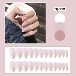 Carufin 24 Pieces White Gradual Change False Nails Stickers Press Fake Nails Ballet French Artificial Nails for Women Girls (A)