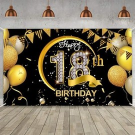 Costume Bay Black Gold Happy Birthday Backdrop Banner 180 * 110 cm Large Background Cloth Photo Party Large Decoration Sign for Birthday Party (Black - 18th, ONE)
