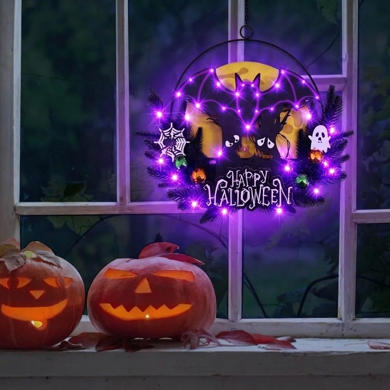 Pre-Lit Halloween Wreath for Front Door, Lighted Witch with 6H