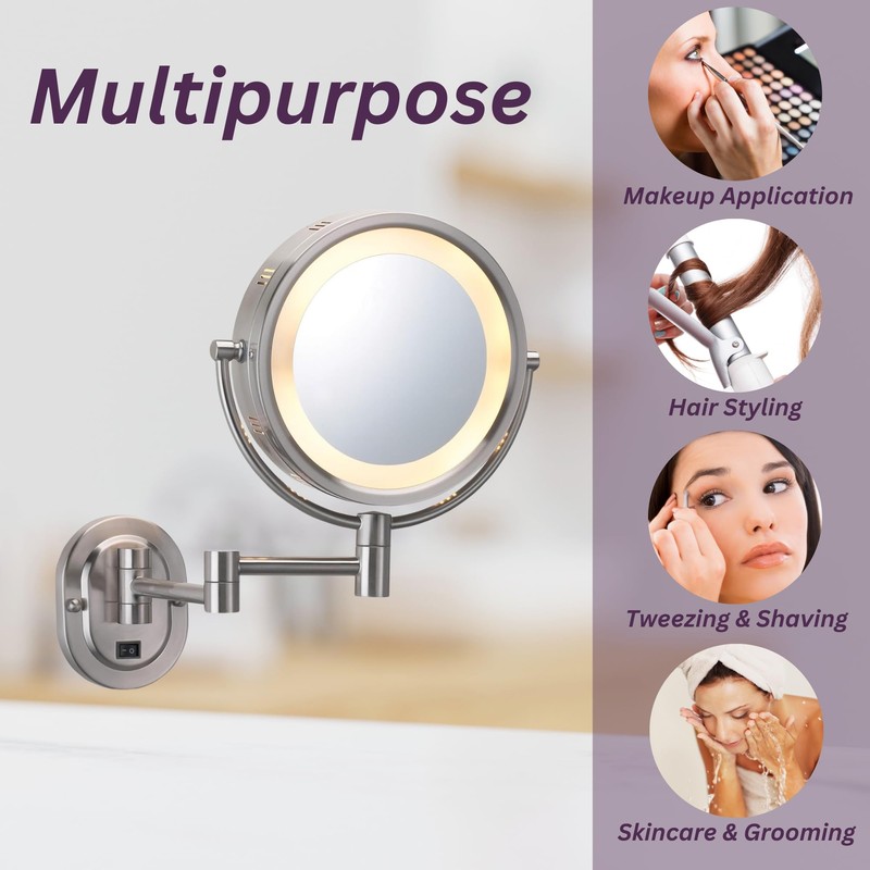 JERDON Wall-Mounted Makeup Mirror with 5X Magnification - Nickel Makeup