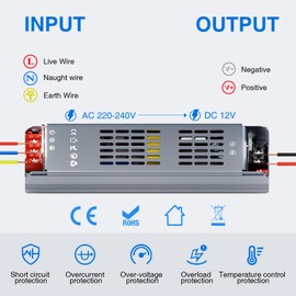 LED Transformer 200W 16.6A, Input 220-240V to Output DC 12V, LED Transformer 230V to 12V, 12V Power Supply Constant Voltage for LED Strips, Lamps, Low Voltage Lighting 200W-12V