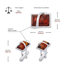 AMBEDORA Men's Silver Cufflinks with Amber, Modern Rectangular Shape, Polished Sterling Silver, Natural Amber in Cognac Colour