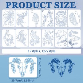FINGERINSPIRE 12Pcs Wildlife Painting Large Stencil 21x29.7cm Fox Tiger Peacock Whale Horse Lion Jellyfish Dog Bird Hedgehogs Giraffe Pattern Stencil Animal Themes Spraying Big Stencil for Home Decor