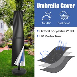 Teynewer Parasol Cover Waterproof, Straight Parasol Protective Cover with Telescopic Pole and Zipper Fit for 2 to 3 m Large Umbrella Patio Parasol Weatherproof UV-Anti Windproof (190x30/50cm)