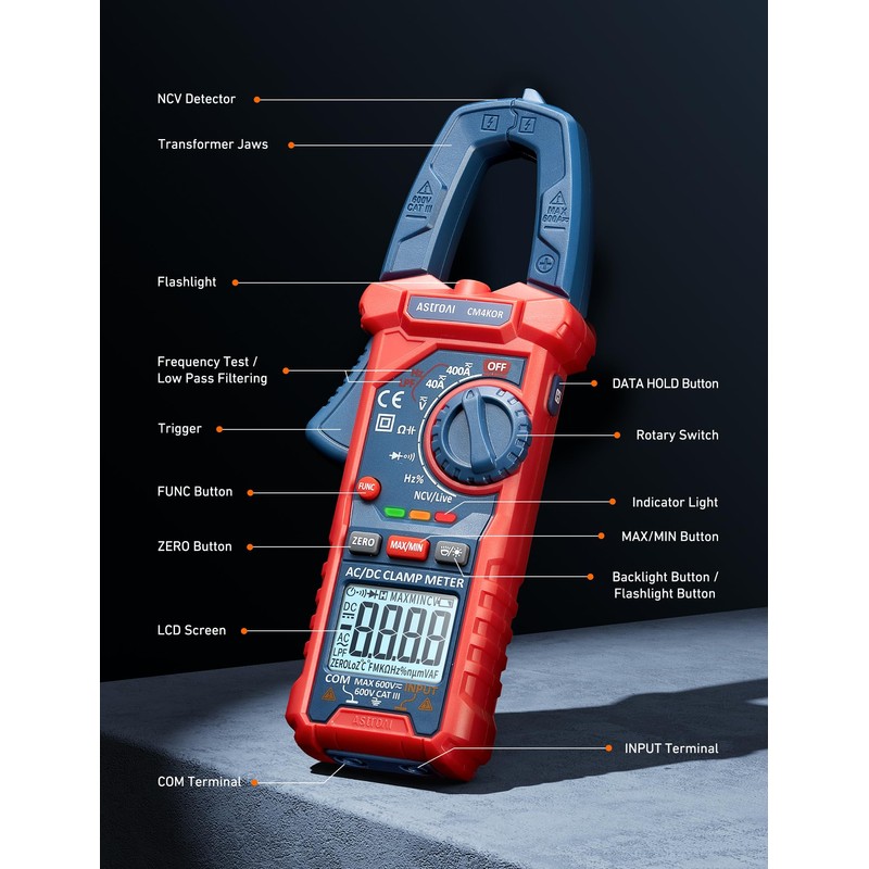AstroAI Digital Clamp Meter Multimeter 4000 Counts Auto-ranging Amp Tester