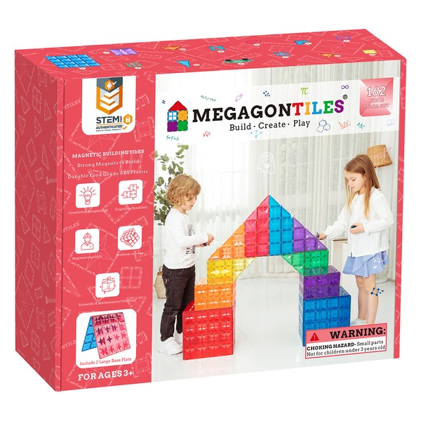 MEGAGONTILES 162PCS Premium Magnetic Tiles|Magnet Tiles|STEM AUTHENTICATED|MEGA Magnet Tiles Set|Magnetic