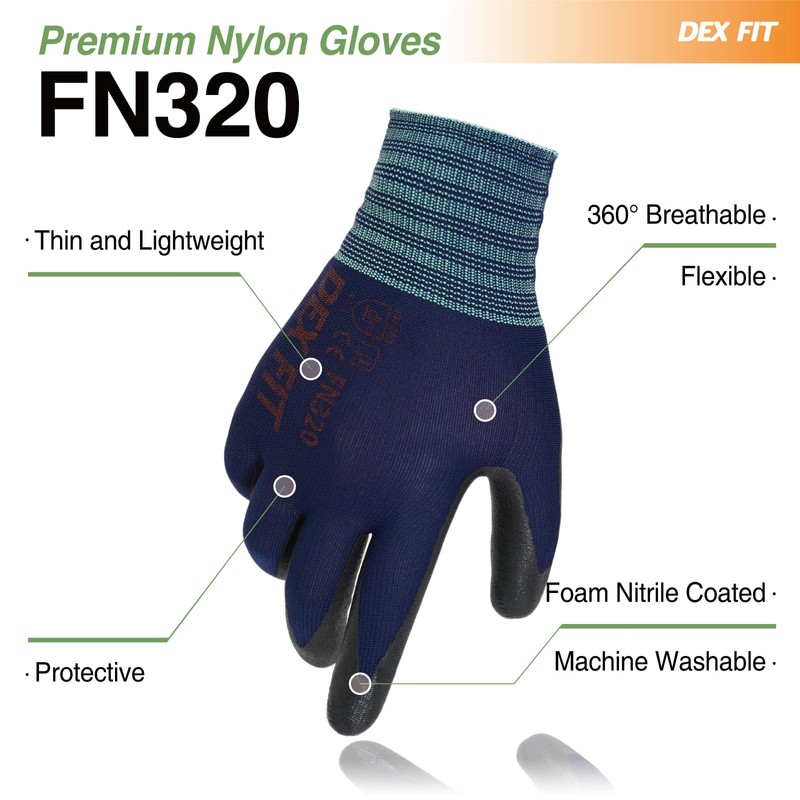DEX FIT Premium Nylon Nitrile Work Gloves FN320, 3D-Comfort Stretchy