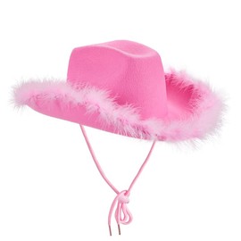 ESSECMBS Girls Kids Fluffy Feather Cowgirl Hats Little Boys Wide Brim Western Cowboy Hat Solid Color Jazz Hats for 3-15 Years (B-Pink, Kids)