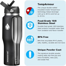SENDESTAR 40oz Stainless Steel Water Bottle(Cold for 48 Hrs, Hot for 24 Hrs),Double Wall Vacuum Insulated Bottle with Straw Lid, Spout Lid and Flex Cap, Fit in Any Car Cup Holder,Black