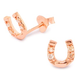 Monkimau Girls' Earrings Horseshoe Lucky Charm Stud Earrings Made of 925 Sterling Silver Real Silver with 8 Crystals Rose Gold Plated, Sterling silver