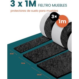 THJOPOKEEL Almohadillas para Muebles Protectoras de Fieltro, 3 Cintas Almohadillas para Patas 4mm de Espesor, Antideslizante con Pegamiento Proteger Piso (2 * 100cm + 5 * 100cm +10 * 100cm) (Negro)