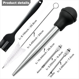 Smithcraft Turkey Baster, Baster Syringe Meat Injector Baster Set with 2 Needles&2 Cleaning Basting Brush, 18/8 Stainless Steel Turkey Baster for Flavor Meat Poultry, Beef & Chicken Cooking Grey