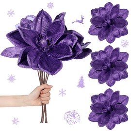 Thiccywoov 8 Pcs Large Christmas Flower Magnolia Flowers Christmas Tree Decoration Artificial Poinsettia Stems Velvet Xmas Ornaments for Xmas Tree Table Decor(Purple,16 Inch)
