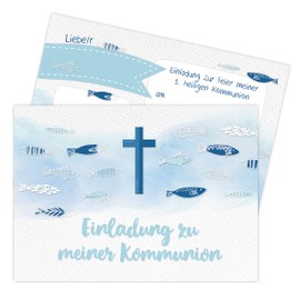 Papierdrachen 12 Communion Invitation Cards – Fish Motif – Invitation to Holy Communion for Girls and Boys – High Quality Printed in DIN A6 – Set 4
