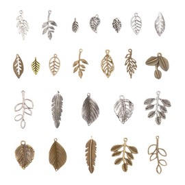 PandaHall 96pcs 14 Types Tibetan Alloy Tree Leaf Charm Pendant Leaf Branch Bead Charm for DIY Bracelet Necklace Jewellery, Antique Bronze Silver