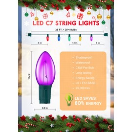 Multicolor C7 LED Christmas String Lights, 25FT C7 Vintage Christmas Lights, Commercial Connectable Christmas Tree Lights for Xmas Holiday Roofline Garden Wedding Decor