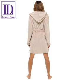 Ladies Dressing Gown Womens Luxury Short Hooded Bathrobe Teen Girls Fleece Robe Housecoat Loungewear Gift Taupe X-Large