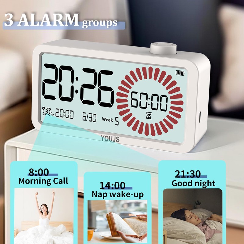 Visual Timer 4-in-1 Alarm Clock,for Heavy Sleepers Student Kids