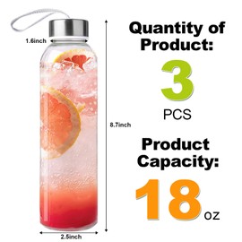 Duocesica 3 Packs Glass Water Bottles with Lid Clear Juicing Bottles Reusable Glass Bottle with Stainless Steel Cap Glass Cups Liquid Storage Containers for Juice Beverage Refrigerator Travel-18oz