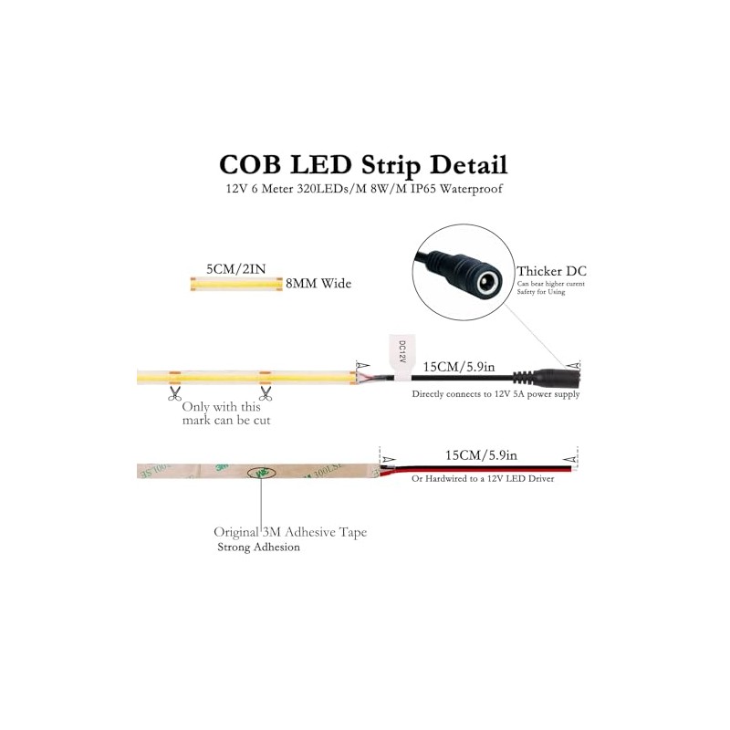 JOYLIT 12V COB LED Strip Lights 6M 3000K IP65 Waterproof