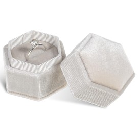 Qulkws Velvet Ring Box 1 Slot Vintage Hexagon Ring Gift Box Jewelry Display Holder Case with Detachable Lid for Proposal, Engagement, Wedding Ceremony(Beige)