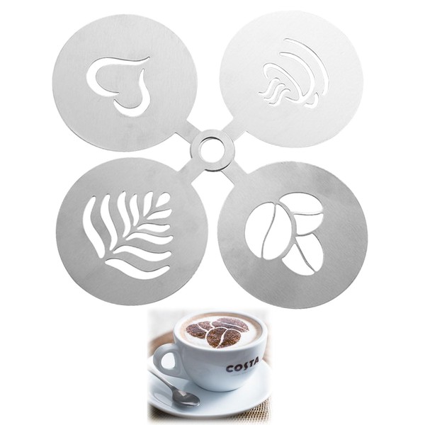4PCS Cappuccino Stencils and Frother Cup Personalised Coffee Stencils Set Stencils for Coffee Art Perfect for Coffee Lovers,Silver