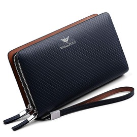 Hana Luxury Italian Long Wallet, Genuine Leather, Coin Purse Included, Multi-functional, Portable, Large Capacity, 2-Way Chain, Double Round Zipper, Second Bag, Men's, Leather Clutch Wallet, Storage