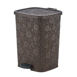 Superio Compact Plastic Step, Indoor and Outdoor Waste Foot Pedal, Brown Decorative Garbage Bin with Lace Design, 6 Qt Small Trash Can for Kitchen, Bathroom, Bedroom, Patio, Yard