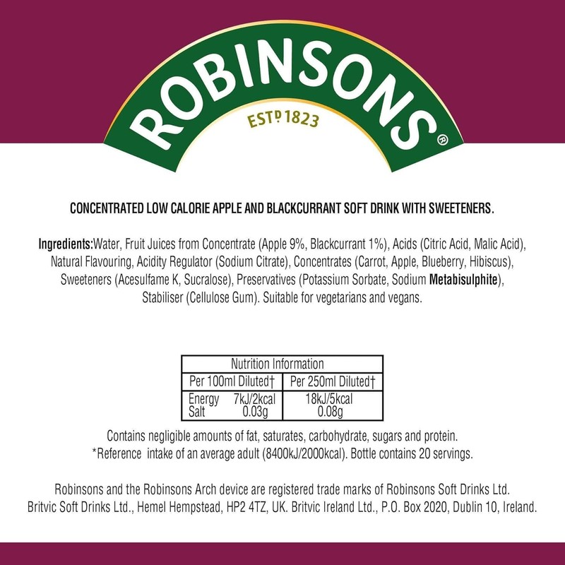 Robinson's Fruit Drink, Apple & Blackcurrant, No Added Sugar, 1