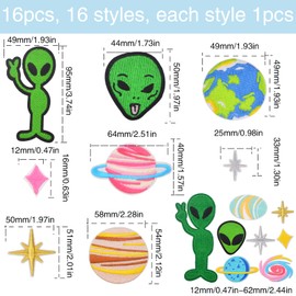 16PCS Solar System Space Patches - Funny Alien & Planet Iron-On/Sew-On Appliques for DIY Clothes, Hats, Jackets, Backpacks - Embroidered Repair Decoration (Green UFO Theme)
