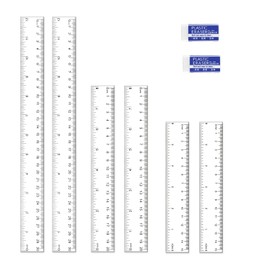 Plastic Ruler, 8-Piece Ruler Set Rulers Made of Straight Plastic, Transparent Ruler Measuring Device with Inches and Metric with Two Erasers for School Office Home 15, 20, 30 cm (6, 8, 12 Inches)