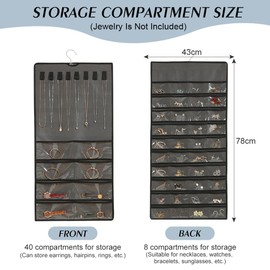 YZROHYI Jewellery Organiser for Hanging, Double-Sided, Necklace Storage, Hanging, Transparent, Jewellery Storage Wall, Hanging Jewellery Organiser, Storage Bag, Jewellery Wardrobe - Grey