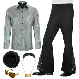 BONGZUO 6 Pcs Outfit Men 70s Disco Costumes Include Retro Shirt with Bell Bottom Pants(Z3736WH,L)