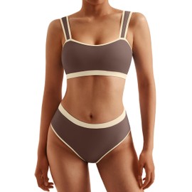 MOOSLOVER Women Sporty Color Block Bikini Sets Cheeky High Cut Two Piece Swimsuit (M,Cocoa)