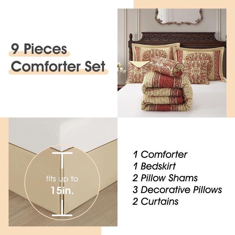 LANCO MODERN LIFESTYLE California King Comforter Set, Wine Gold Medallion