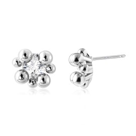 Minimalist Silver Floral Stud Earrings | 9mm Zirconia Center with Ball Accents for Sensitive Ears | Dainty Everyday Gift for Women, Girls