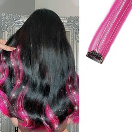 2 x Clip-In Hair Extension Highlights Streaks, Colourful Hair Highlights (Sparkle Hot Pink)