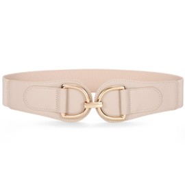 SANSTHS Vintage Women Stretchy Wide Belt Chunky Buckle Elastic Wide Waist Belts for Dresses Coats, Gold Beige M